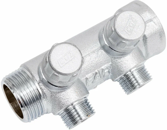 FAR Хромированный запорный коллектор (ВР-НР)  с 2 отводами 3/4х1/2 EU