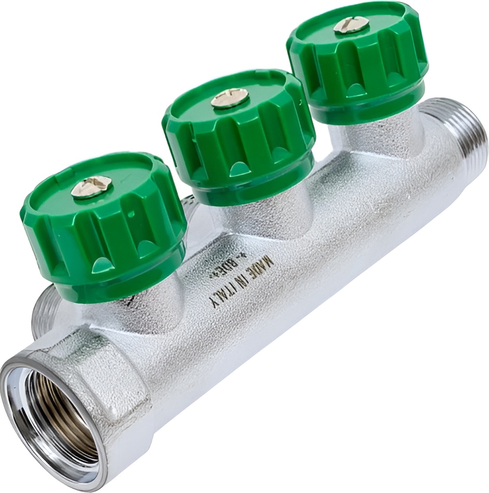 FAR Хромированный регулирующий коллектор (ВР-НР)  с 3 отводами 3/4х1/2 EU