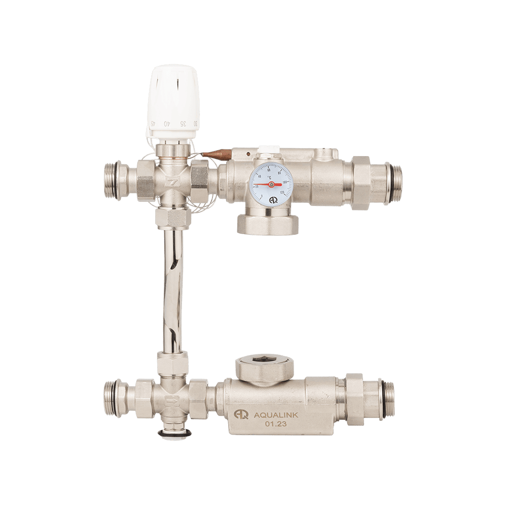 AQUALINK Насосно-смесительный узел 1" для теплого пола без насоса 130мм, проходной, с байпасом