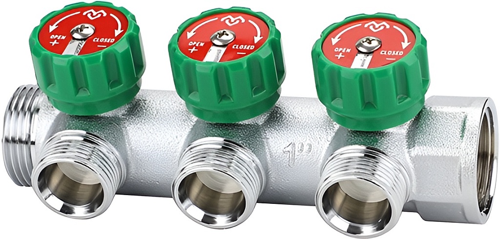 VARMEGA Коллектор с регулировочными клапанами, хромированный 1" х 1/2" - 3 вых